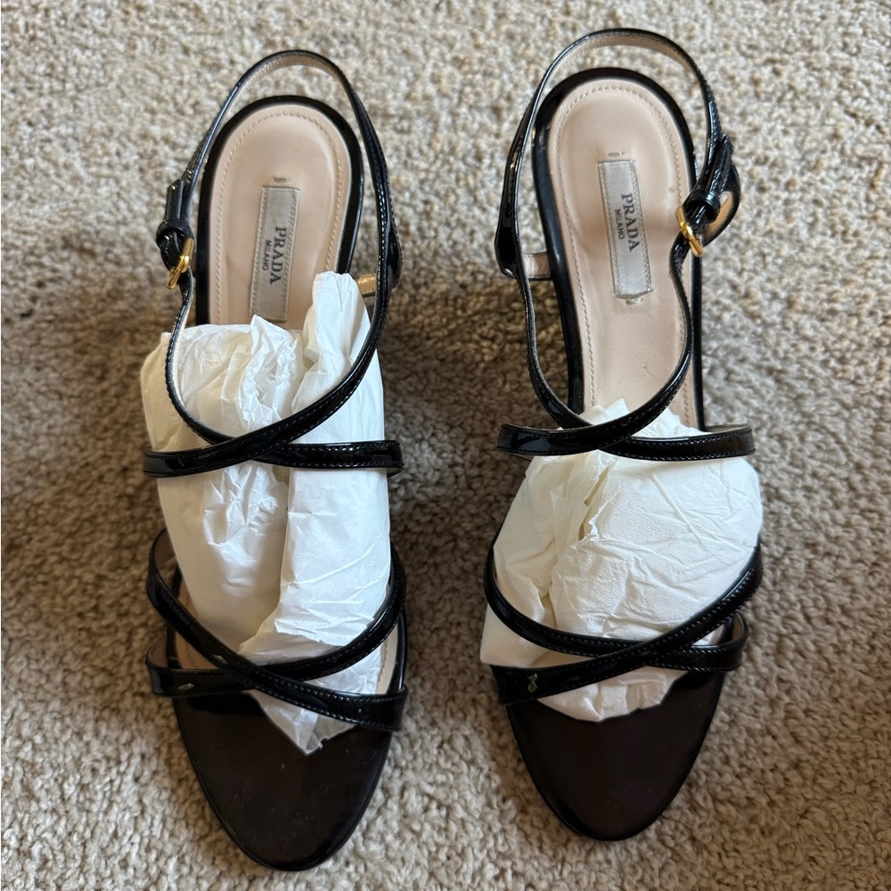 Prada Black Vitello Shine Strappy Leather Open-Toe Sandal